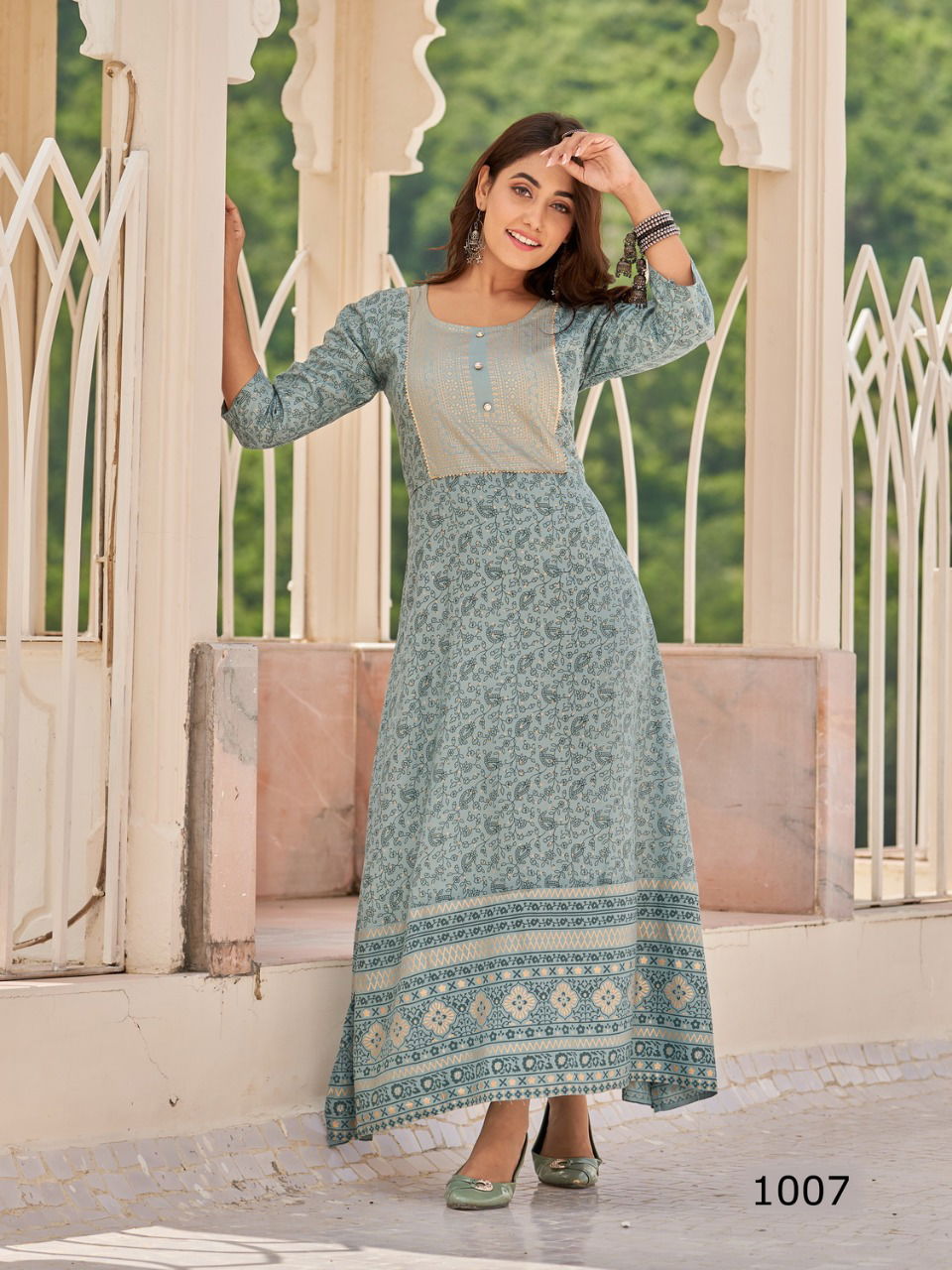 Radhika Twinkle Rayon Printed Ethnic Wear Anarakli Kurti Collection